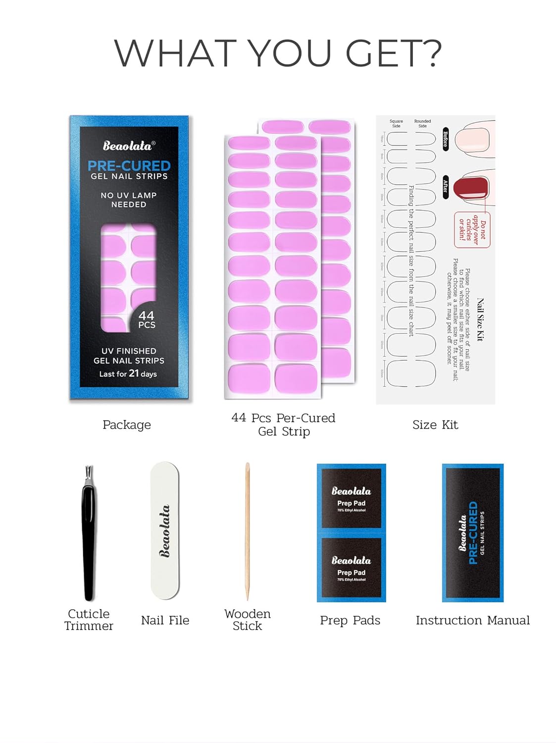 Pre Cured Gel Nail Strips - 44PCS Salon Quality Gel Nail Stickers - Long Lasting Polish Wraps for Women no UV Light Needed Easy Apply& Remove (Macaron Pink）