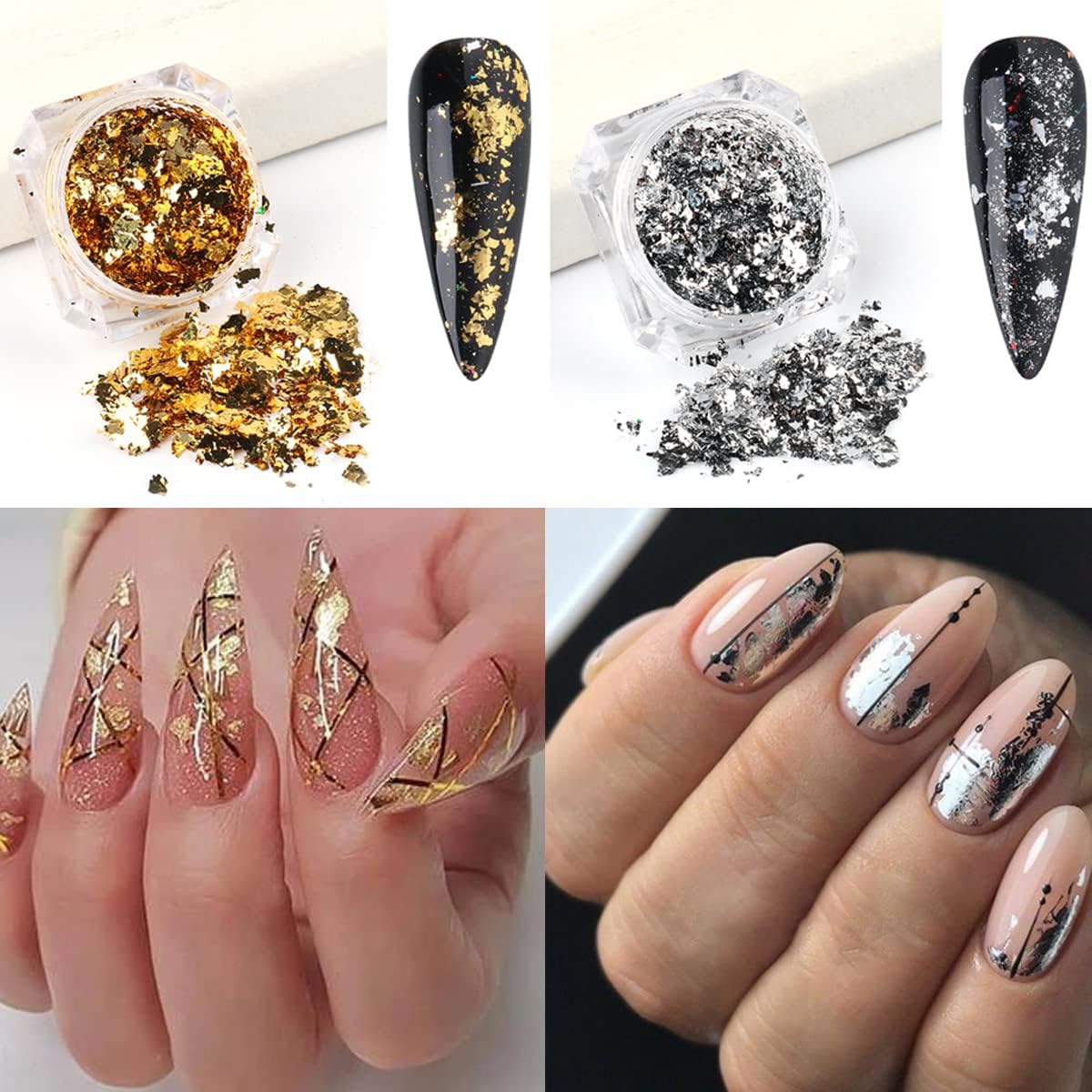 Holographic Nail Foil Glitter Flakes 3D Sparkly Aluminum Foil Flake Gold Silver Nail Glitter Foil Flakes Nail Art Supplies Mirror Powder Sequins Nail Glitter for Acrylic Nails Design (4Boxes)