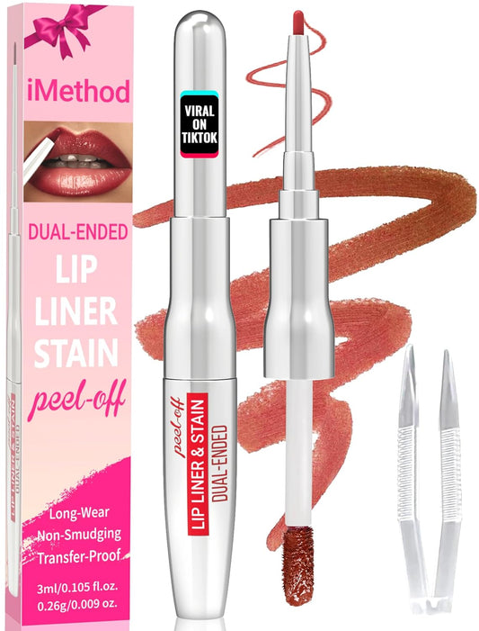iMethod Lip Liner Stain - Lip Stain, 2-In-1 Dual-Ended Peel Off Lip Stain with Tweezer, Natural Long Lasting Peel Off Lip Liner, Easy to Use for All Skin Types, Stay All Day, Cocoa