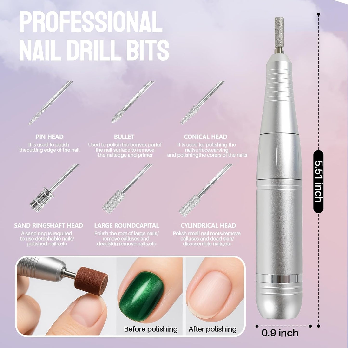 Electric Nail Drill Portable Nail Drill Professional 45000 RPM 6 Salon Quality Drill bits 6 Sanding Bands Portable & Low Noise for Acrylic Nails Gel Polishing Removing Bits Kit for Home Use