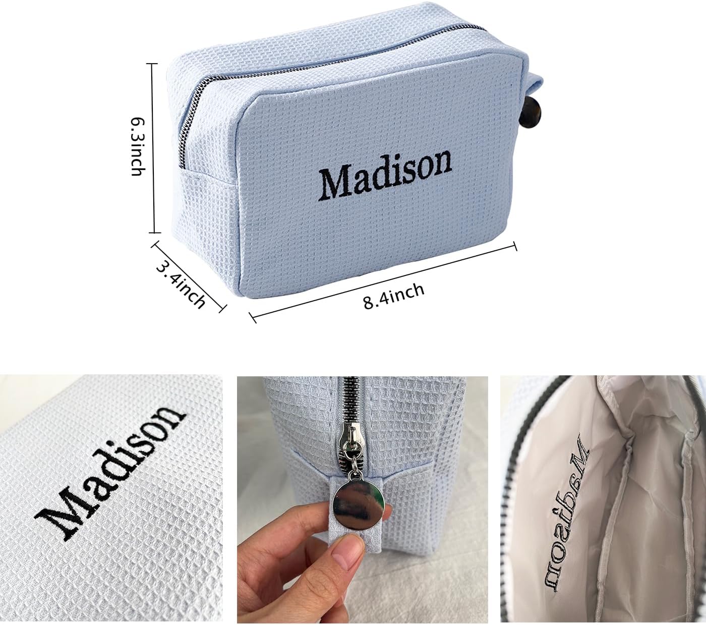 GOPHIE Personalized Embroidered Makeup Bag,Custom Waffle Fabric Cosmetic Pouch for Women, Travel Makeup Pouch (3, Sky Blue)