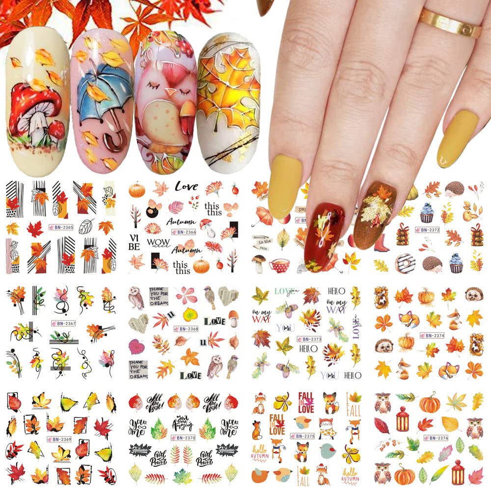 Maple Leaf Nail Art Stickers Fall Nails Water Transfer Slider Foils Autumn Nail Decorations, Harvest Pumpkin Pinecone Maple Leaves Pattern Acrylic Nail Sticker for Thanksgiving Nail Art Supplies 12Pcs