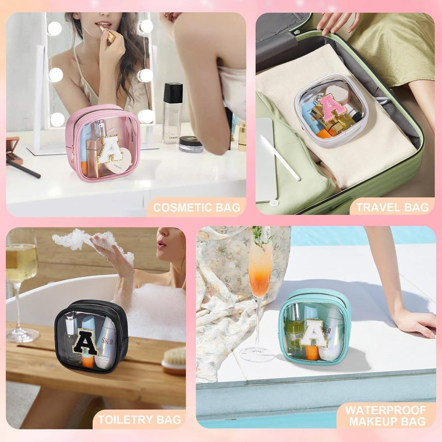 YOOLIFE Small Cosmetic Bag for Purse Mini Makeup Bag for Teacher Cute Clear Make Up Pouch for Travel Tiny Leather Pink Make Up Organizer Case for Backpack Toiletry Bag Waterproof Square Pouch B