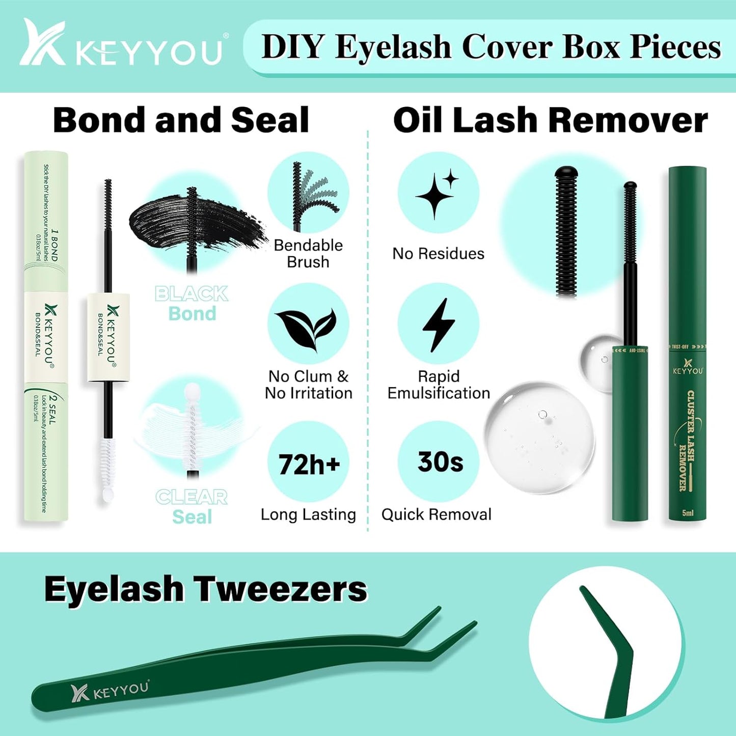KEYYOU Lash Extension Kit 144pcs Air Touch Lash Clusters with Bond and Seal Lash Applicator Remover D Curl DIY Eyelash Extension Kit Easy to Apply at Home(Air01Kit-D-8-18Mix)