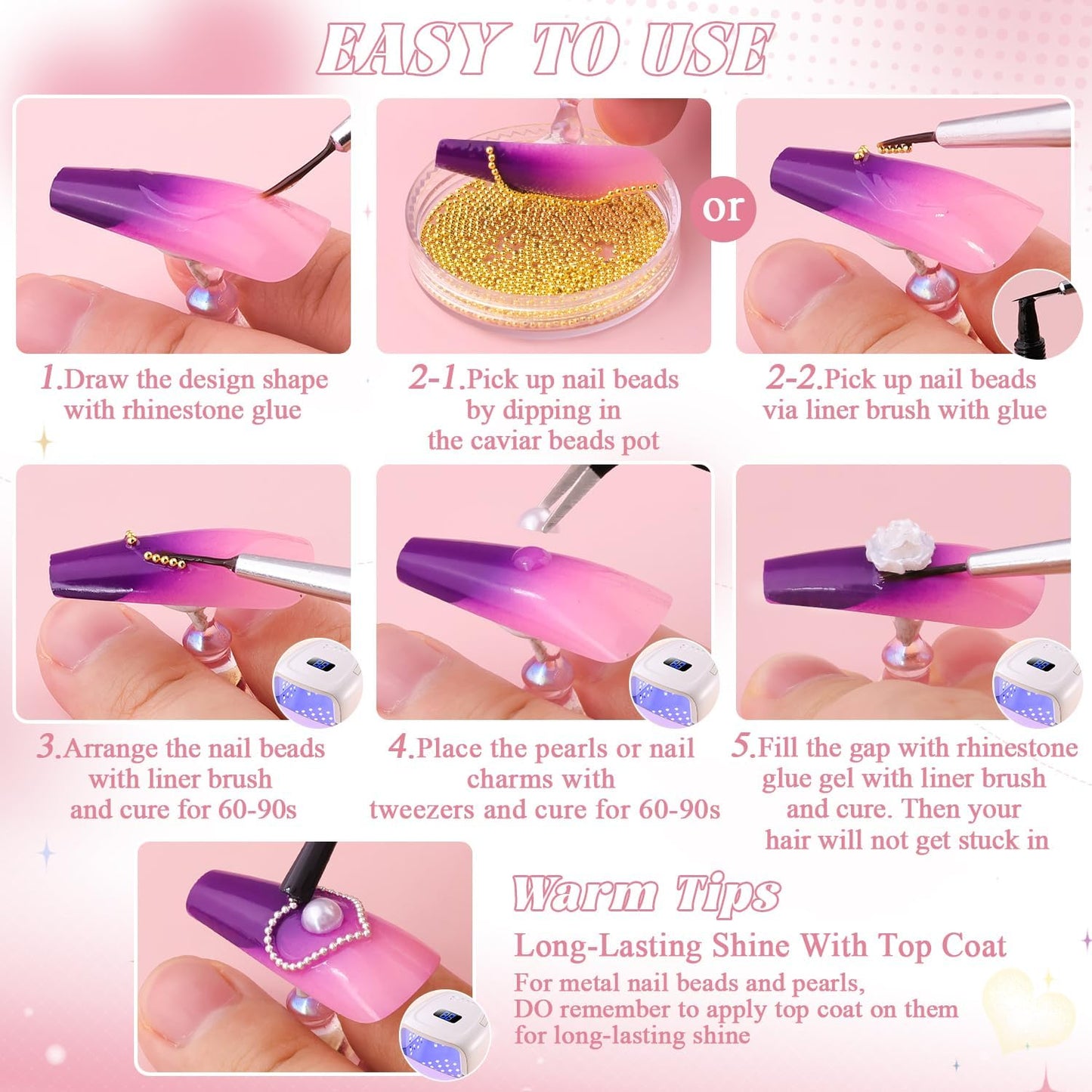 Flatback Rhinestones (Clear+AB) and Metal Steel Round Caviar Beads (Silver+Gold) with Rhinestones Glue Gel for Nail Art, Crystals Nail Charms and Caviar Beads Nail Accessories for Manicure Decor