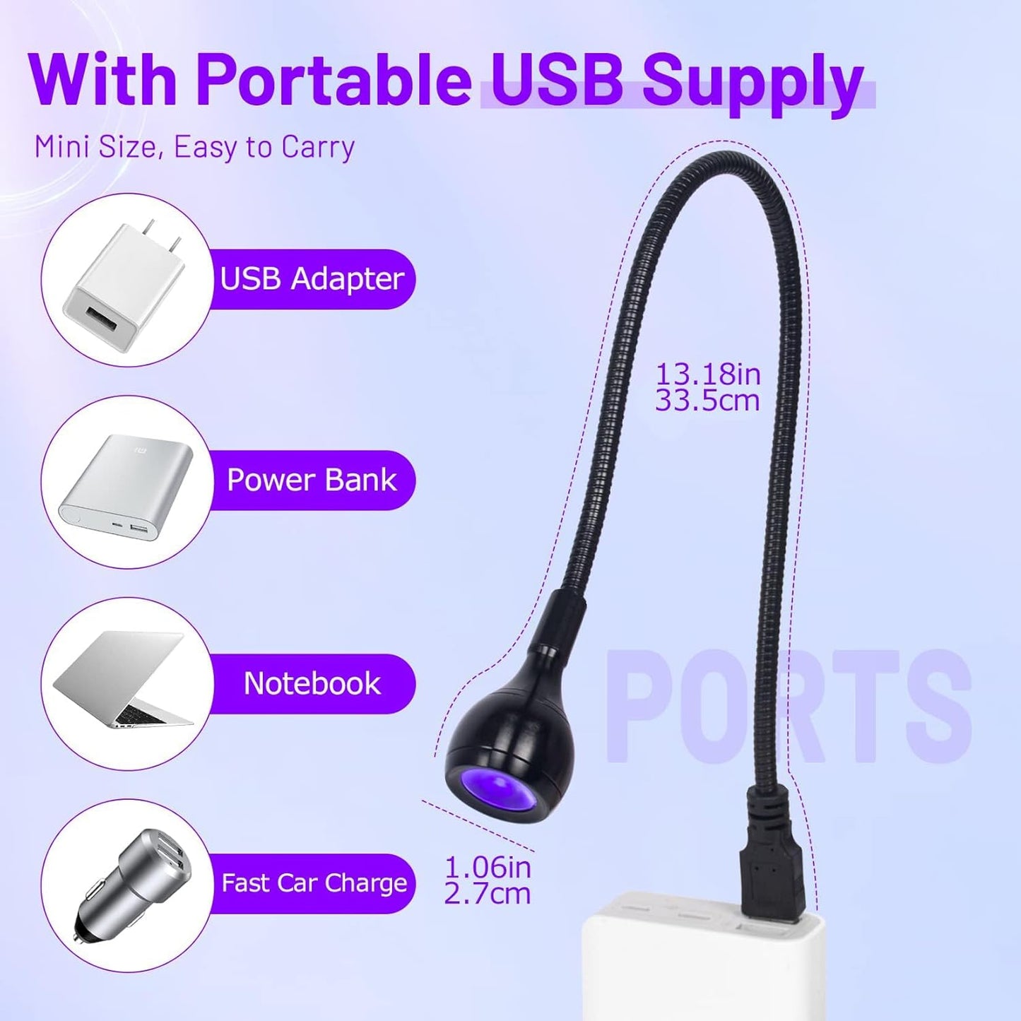 AORAEM LED Nail Lamp 3W LED Portable Manicure Dryer Gel Polish Curing Light with Black Gooseneck for Gel Nails Tips USB Plug Play Salon and Home DIY