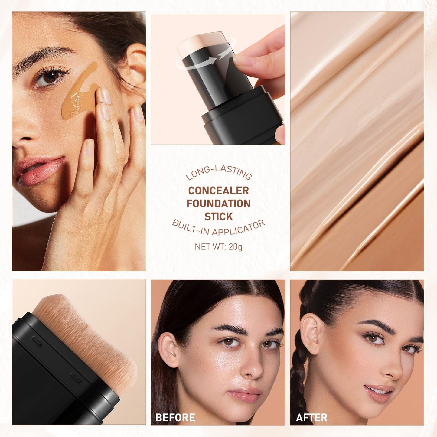 2PCS Long-Lasting Concealer Foundation Stick, Full Coverage Foundation Stick, 2-in-1 Contouring foundation with Brush, Cover Blemishes for All Skin Types (02#Natural)