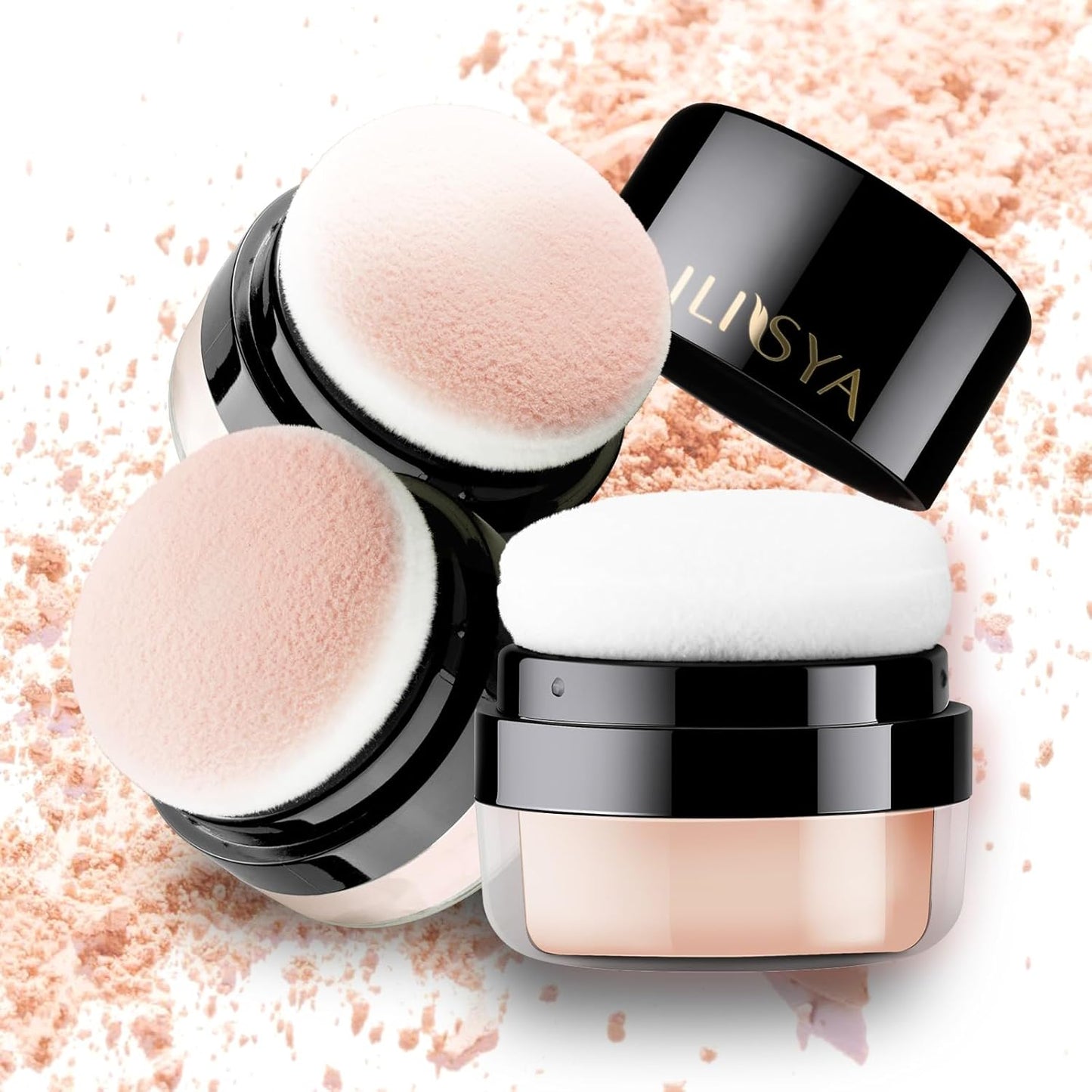 Setting Powder Lightweight Loose Powder Finishing Powder Long-Lasting Face Powder Waterproof with Soft Mushroom Powder Puff & Mirror, Matte Finish (Light Apricot/Translucent)-3 Boxes
