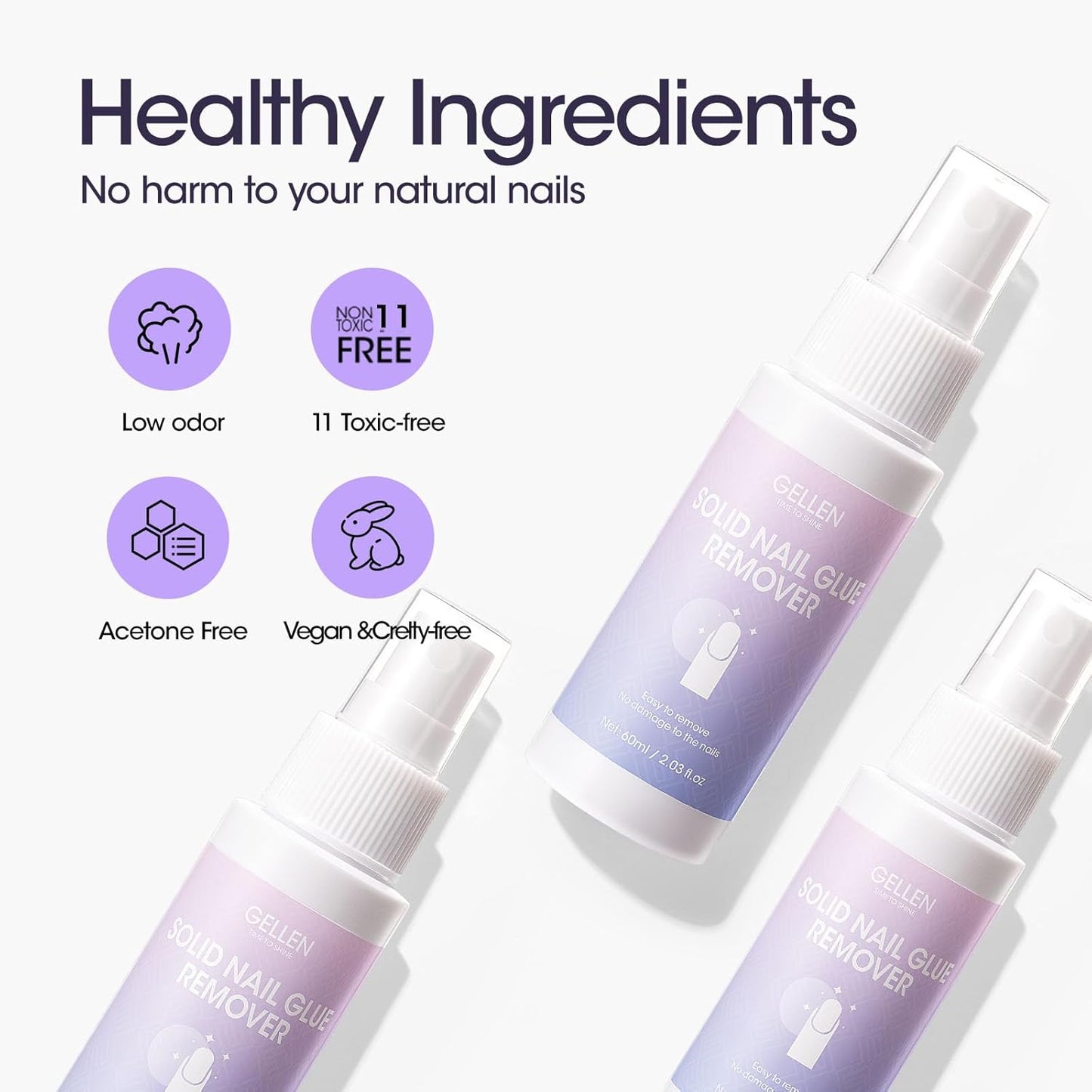 Gellen 2 Pack Solid Nail Glue Gel Remover 60ML Press On Nails Remover Glue Off Spray for False Acrylic Tips, with Stick, Acetone Free, Nail-friendly