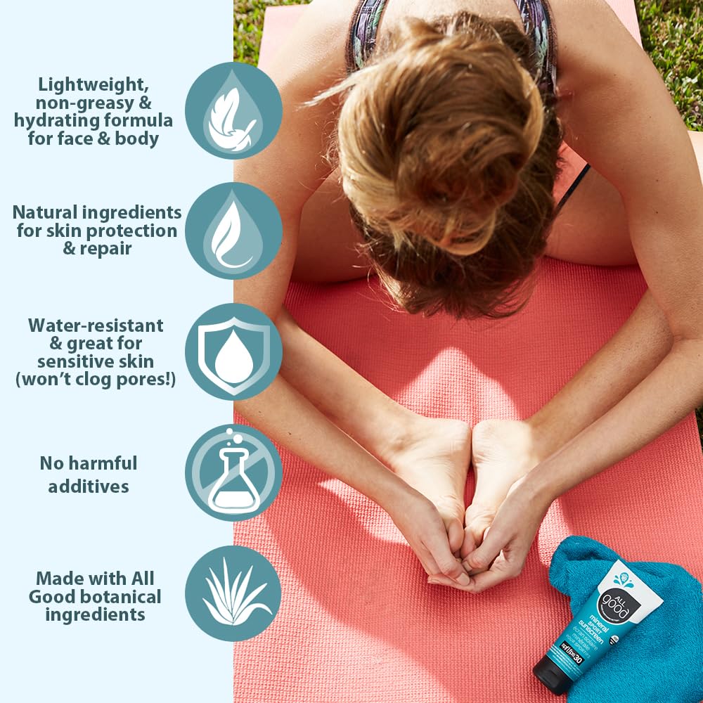 All Good Sport Mineral Sunscreen Lotion - Coral Reef Friendly, Water & Sweat Resistant, Face & Body, UVA/UVB Broad Spectrum SPF 30+ (3 oz)(3-Pack)