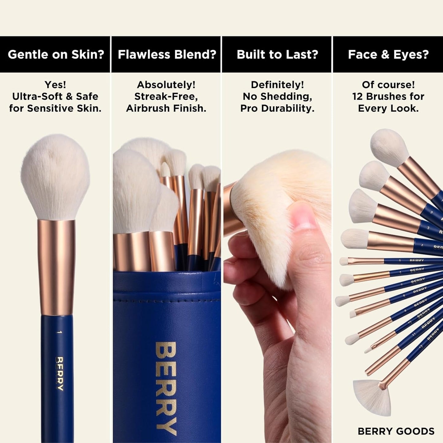 BERRY Blue Premium Makeup Brush Set – 12-Piece Professional Ultra-Soft Synthetic Brushes for Face & Eyes | Foundation, Powder, Blush, Concealer, Eyeshadow – Vegan, Cruelty-Free, Numbered, Travel Case