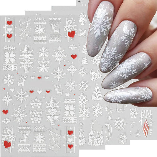 HNUIX Nail Stickers - Snowflake 5D, Self Adhesive Nail Decals, Multi Pattern, 4 Sheets, for Nail Art