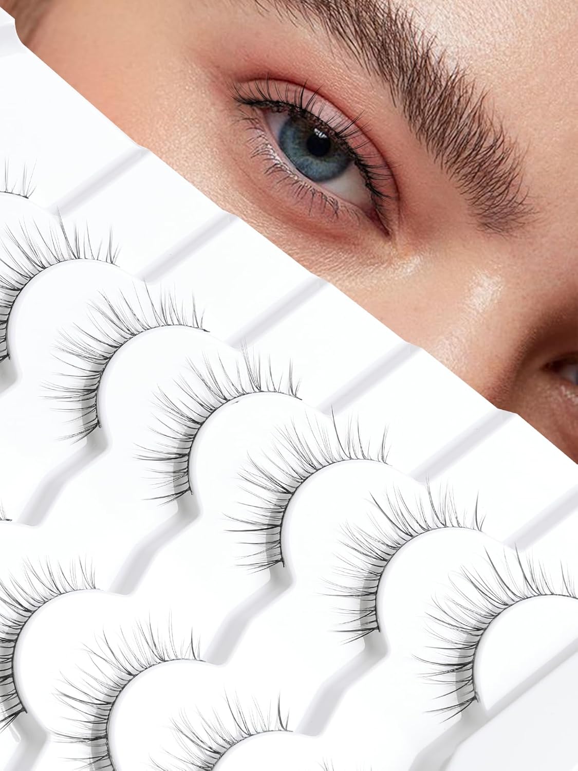 Lashes Short Eyelashes 10MM Natural Lashes Wispy Thin Band Strip Lashes Short Eyelashes Natural Look 3D Volume Lashes 7 Pair Fake Lashes Siligli