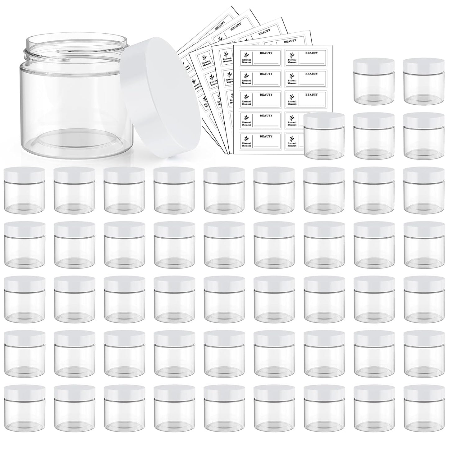 50 Pack 2 OZ Plastic Jars Round Clear Cosmetic Container Jar with White Lids, Eternal Moment Plastic Slime Jars for Lotion, Cream, Ointments, Makeup, Eye shadow, Rhinestone, Samples, Travel Storage