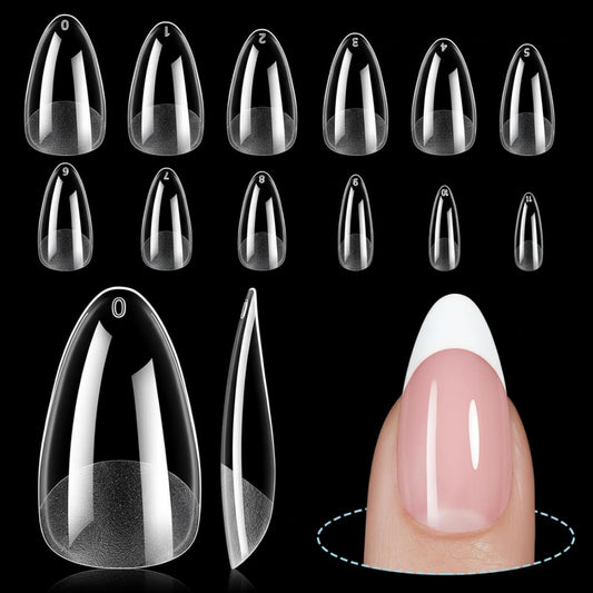 TOMICCA Medium Almond Nail Tips, 192Pcs 12 Sizes Acrylic Pre Buffed Medium Almond False Tips, Full Cover Half Matte Nails for Nail Art Extension Press on Nails