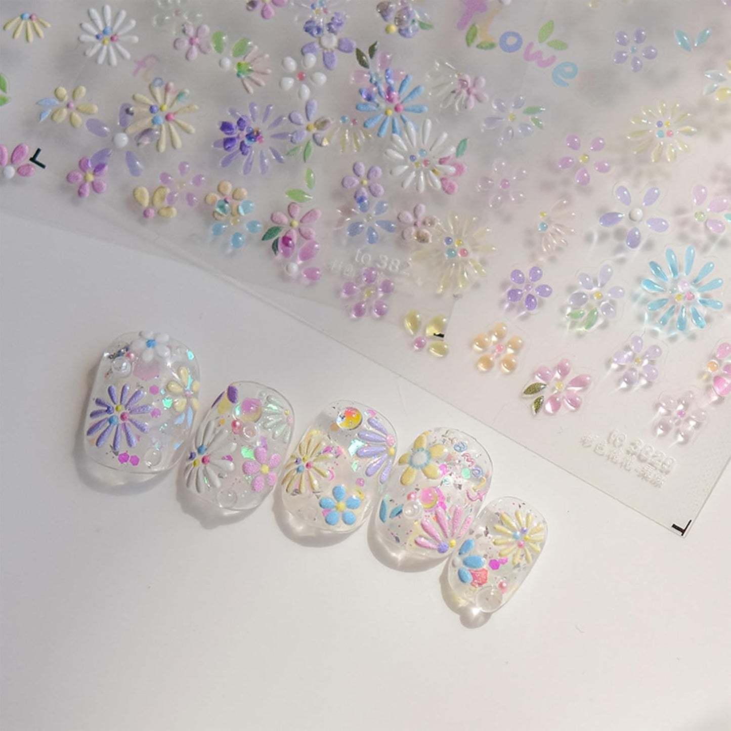 5D Flower Nail Art Stickers,Embossed Self-Adhesive Colorful Floral Nail Decals Cute Daisy Small Flower Floral Nail Art Supplies Summer Nail Design for Women and Girls DIY Manicure Decoration