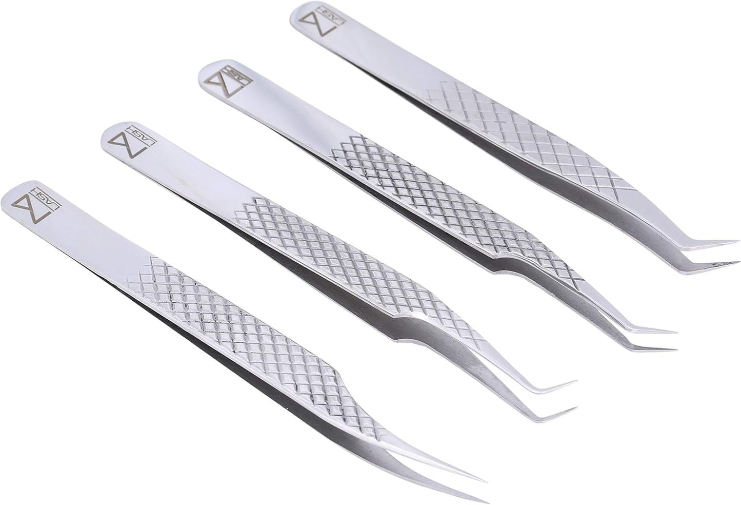 M LASH Eyelash Extension Tweezers (Set of 4) - Professional & Precision Lash Tweezers for Eyelash Extensions - Japanese Steel, Diamond Grip, Fiber Tip V3 (Silver)