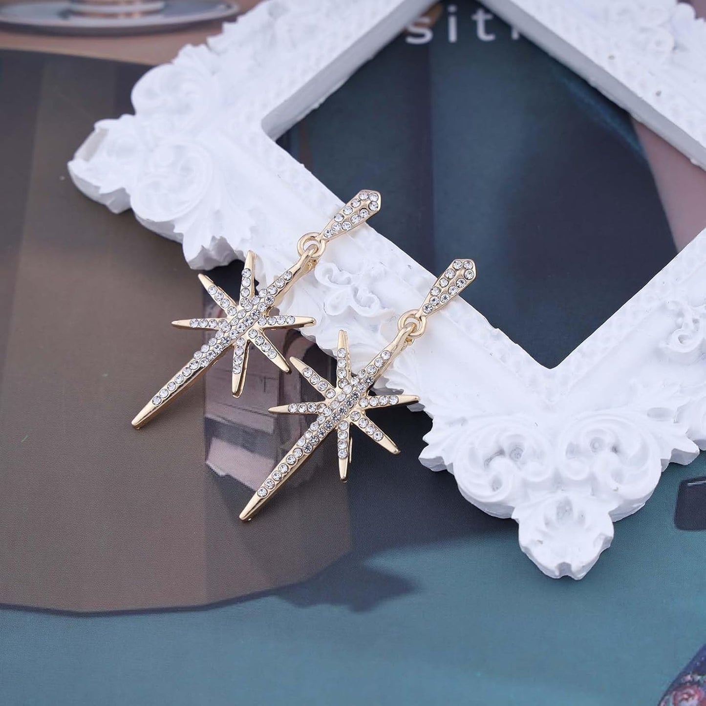 Vintage Crystal Northstar Dangle Earrings Rhinestone Northstar Studs Earrings Gold Cz Star Drop Earrings Sparkly Cz Starburst Earrings Jewelry for Women
