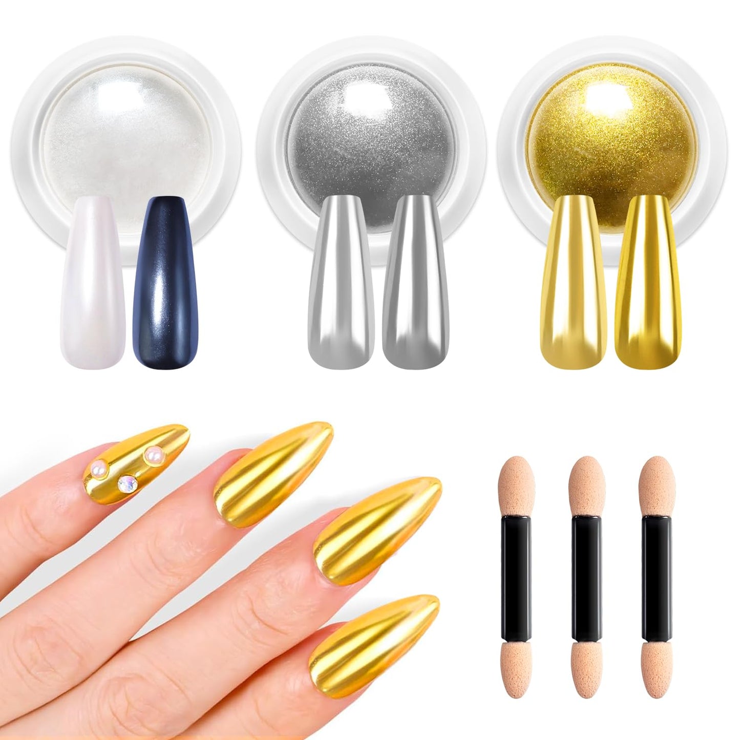 Gold Chrome Nail Powder - Metallic Mirror Effect Nail Chrome Powders Silver Chrome Powders for Nails Glitter, Pigment Holo Chrome Gold Nail Powder with 4 Eyeshadow Sticks