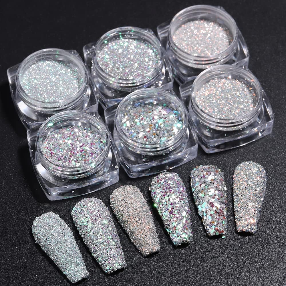 Reflective Nail Powder - 6 Boxes Sparkling Diamond Glitter for Nails, Iridescent Sequins, Holographic Super Bright Pigment Dust, Nail Art Decor