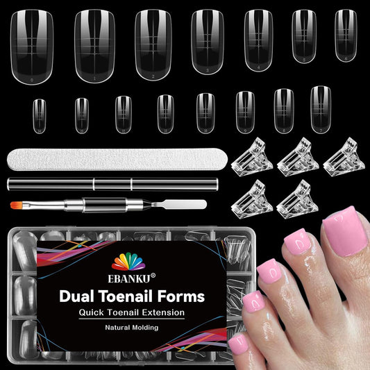 Poly Gel Toe Nail Form Set, EBANKU Reusable Toenails Dual Forms for Nail Extensions, Poly Gel Toe Nail Tips With Dual-Ended Brush, File and 5PCS Clips - 15 Sizes 150PCS