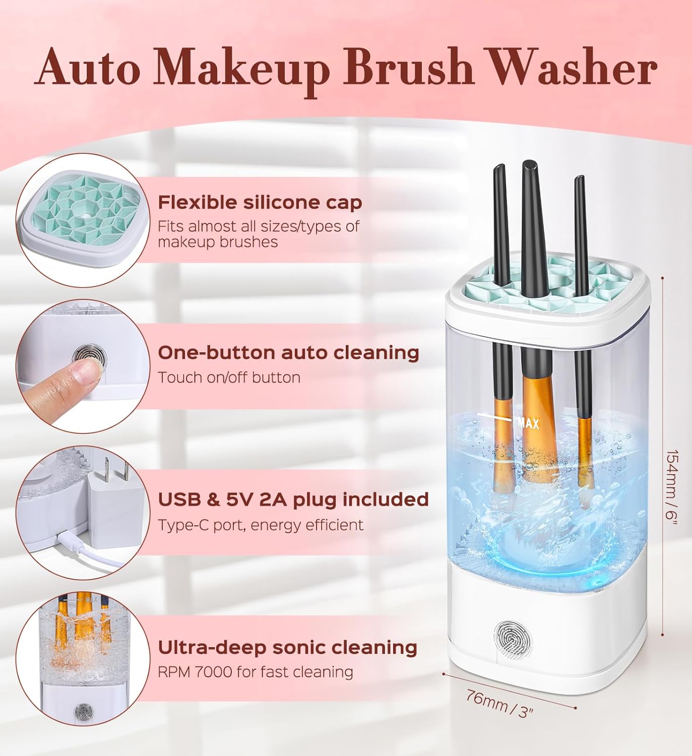 Electric Makeup Brush Cleaner, 7000 RPM Makeup Brush Cleaner Machine, Efficient Automatic Portable USB Cleaner Tool for All Types of Makeup Brushes, Convenient Makeup Brush Cleaning-Transparent ﻿