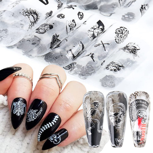 Black Skull Design Nail Foils Halloween Nail Transfer Foil Gothic Skull Nail Art Stickers Decals with Horror Pirate Skeleton Vampire Bone Butterfly Slider Wrap Design Nail Art Decoration Supplies