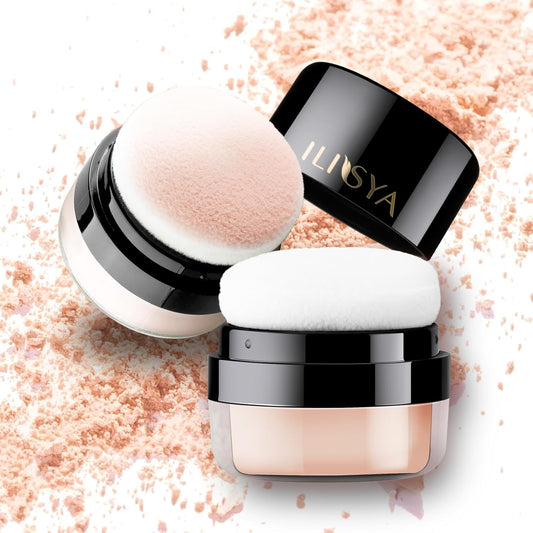 Setting Powder Lightweight Loose Powder Finishing Powder Long-Lasting Face Powder Waterproof with Soft Mushroom Powder Puff & Mirror, Matte Finish (Light Apricot/Translucent)-2 Boxes