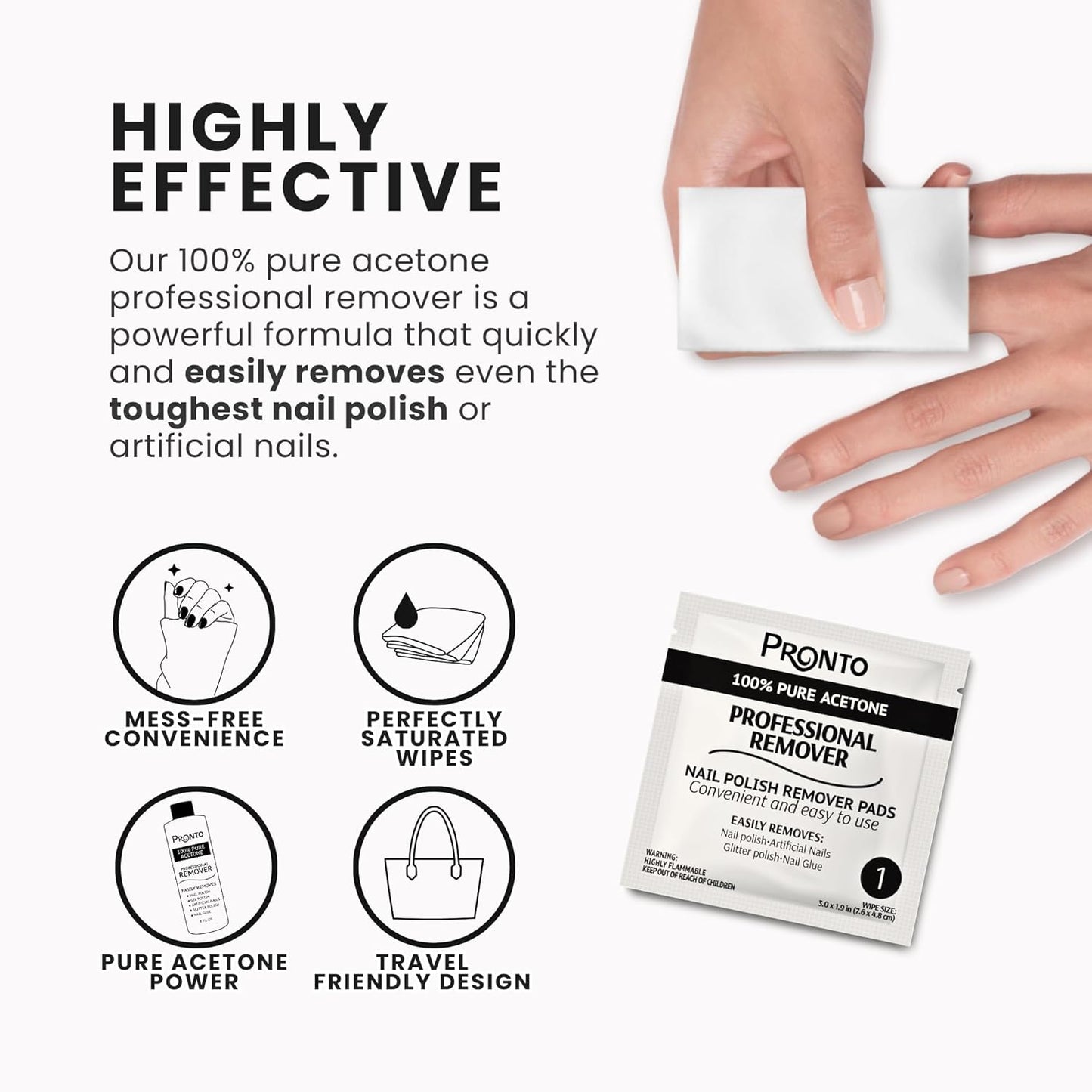 Pronto Pure Acetone Nail Polish Remover Pads, Individual 100 Pcs Nail Soak Off Pads for Gel Nail Polish, Nail Polish Remover Wipes for Quick Professional Nail Polish Removal Nail Pad For Salon & Home