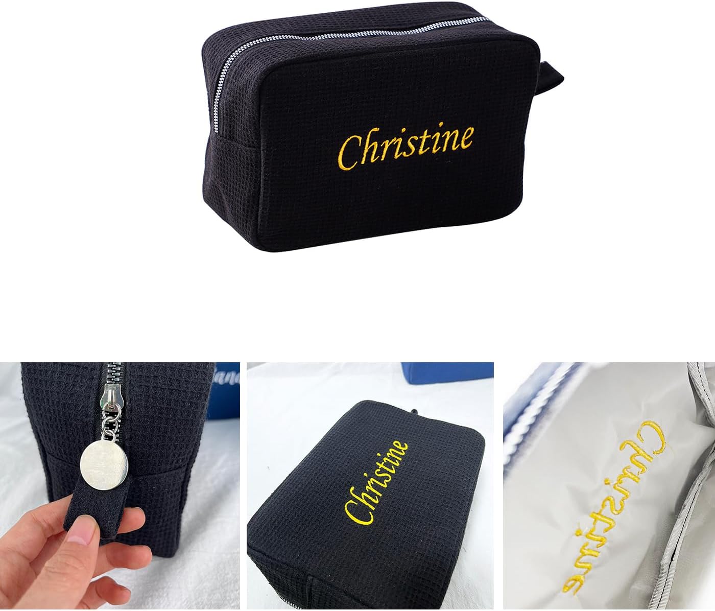 GOPHIE Personalized Embroidered Makeup Bag,Custom Waffle Fabric Cosmetic Pouch for Women, Travel Makeup Pouch (3, Black)