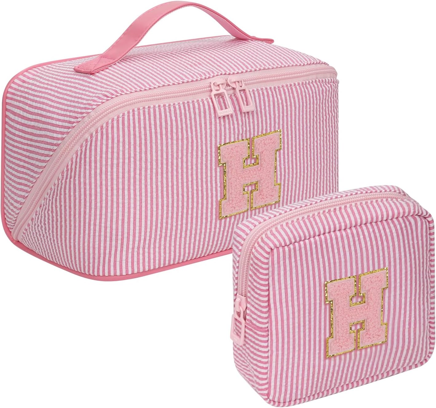 Travel Makeup Bag for Women, 2Pcs Portable Personalized Initial Makeup Organizer Bag, Open Flat Large Cosmetic Bag With Travel Essential Pouch (Pink Letter H)
