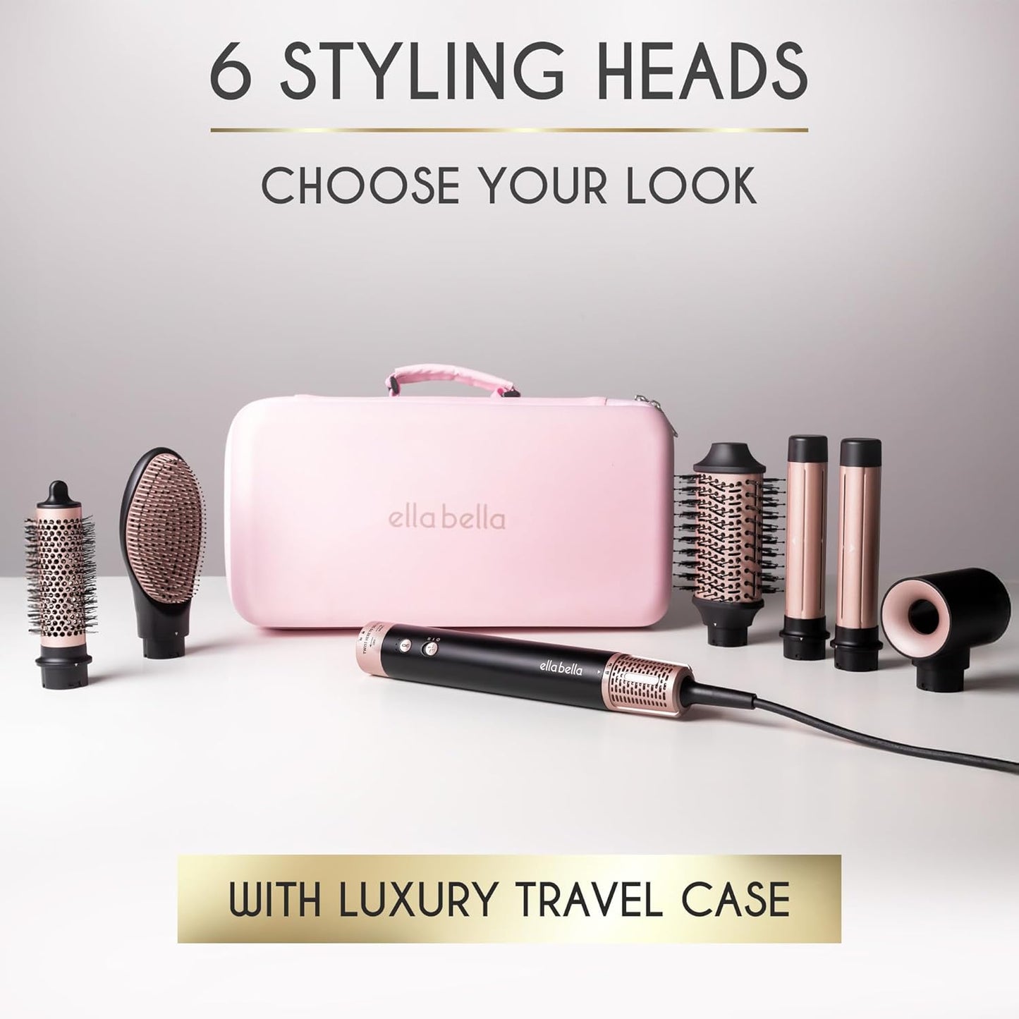 ELLA BELLA® 6 in 1 Professional Hot Air Styler • Powerful Hair Dryer & Straightener Set • Styling Without Heat Damage • Fast Drying Curling Volumizing Straightening • Includes Protective Travel Case