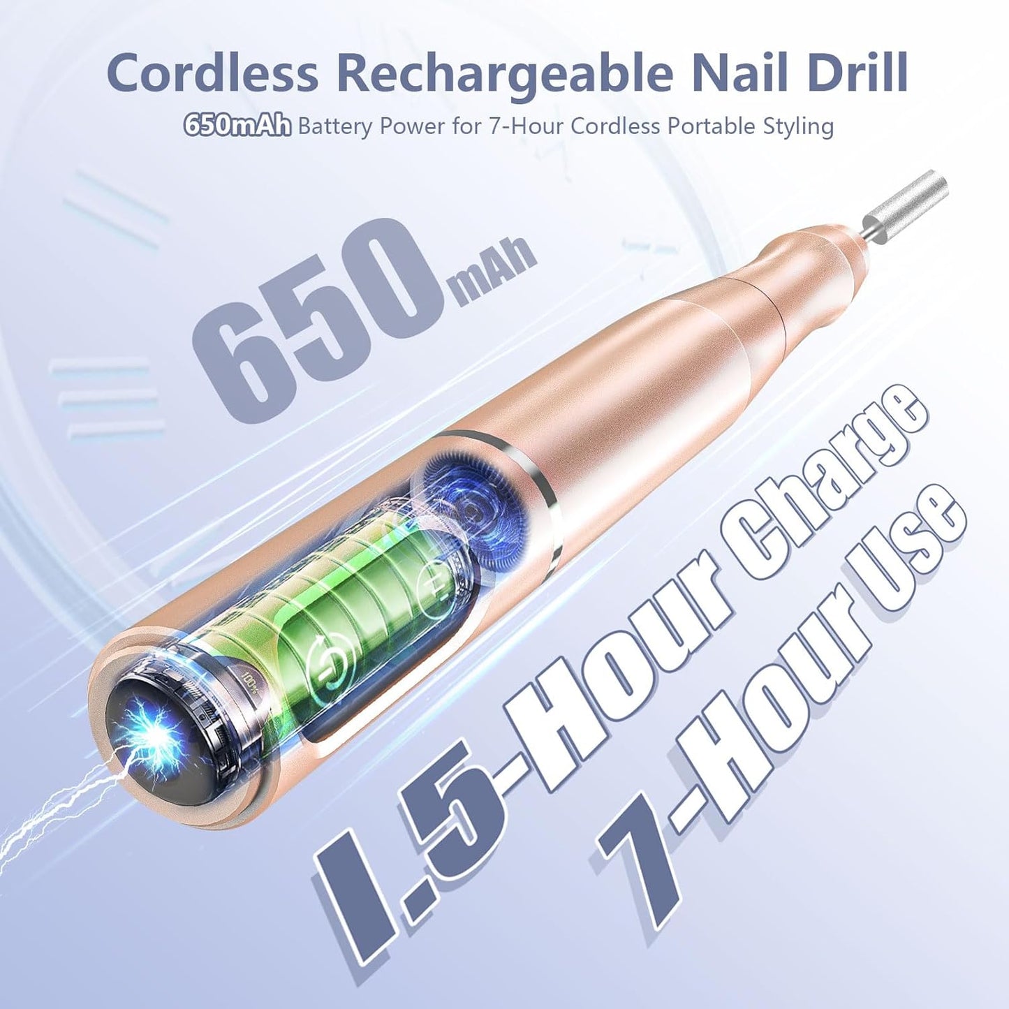 Cordless Nail Drill Electric Rechargeable File Kit, Professional Efile Acrylic Gel Nail Polish Remover Pedicure Manicure Machine Portable Set with 11 Bits 56 Sanding Bands for Salon Home (Gold)