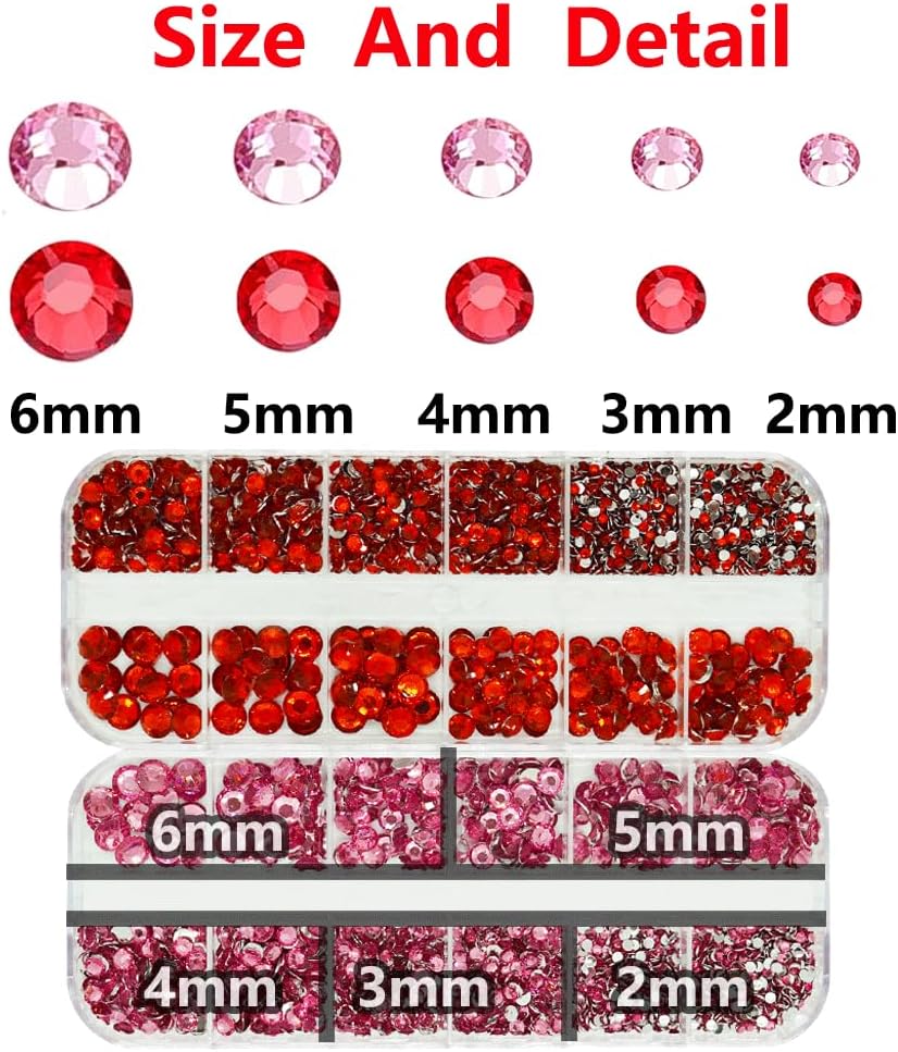 Pink and Red Rhinestones with Glue(S8-S30) for Bedazzling,2mm-6mm Non-Hotfix Flatback Nail Gems Beads with B7000, Resin Nail GemsStones Diamond Kit for Bedazzle Crafting, Nails DIY Art Decoration