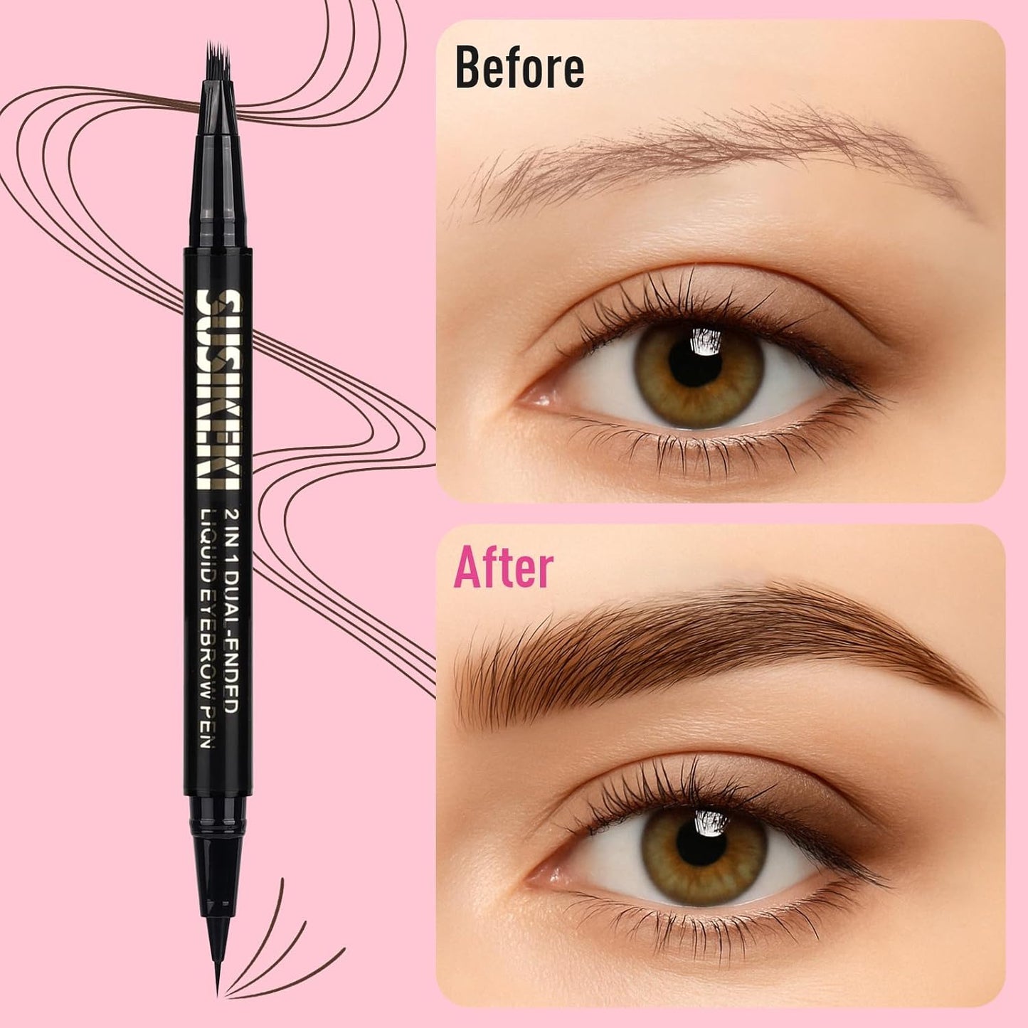 Dual Ended Microblading Eyebrow Pen - 2 in 1 Liquid Eyebrow Pencil with Brow-Fection Angled Brush & Precise Detail Brush-Tip, Shapes & Fills Hair-Like Looking Brows, Lasts All-Day, Dark Brown