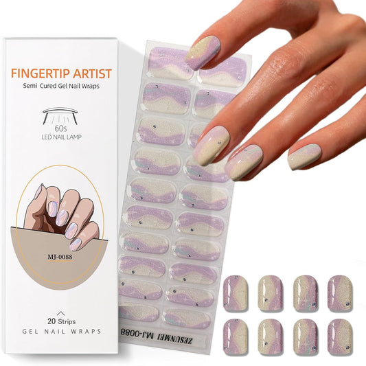Semi Cured Gel Nail Strips with Purple and white Glitter Designs Gel nail stickers Glossy Nail strips Salon Quality & Easy to Use 20 Pcs for Women