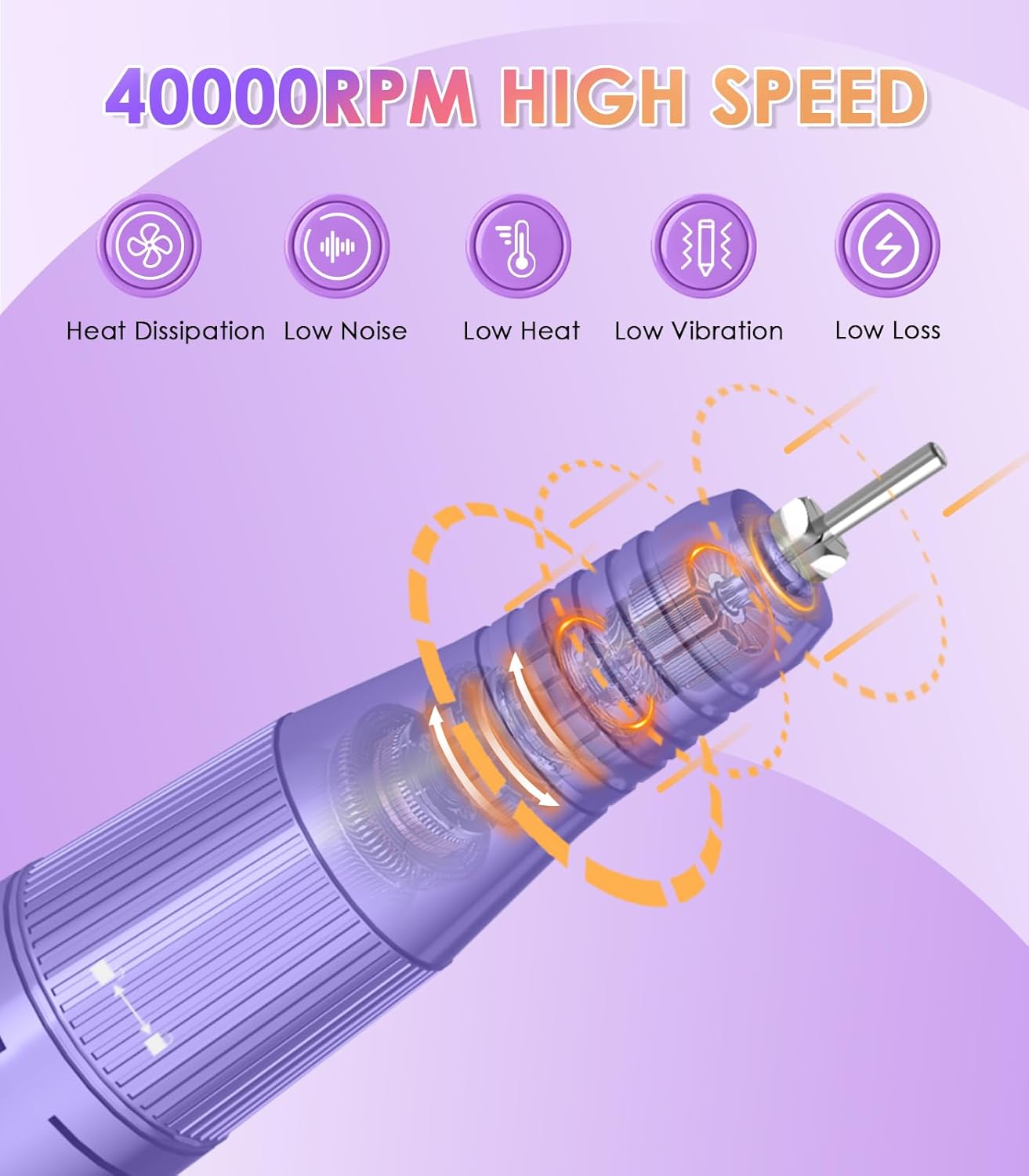 Portable Electric Nail Drill Machine: Professional Nail File Machine 40000RPM, Rechargeable Cordless Nail-E File with Bits & Base for Acrylic Nails Remove Gel Polish Manicure Salon Home, Light Purple