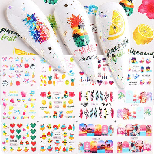 Summer Nail Art Stickers Decals, 12 Sheets of Fruit Hawaii Design Water Transfer Nail Slider Tattoos Holographic Colorful Pineapple Watermelon Pattern Acrylic Nail Art for Summer DIY Nail Decoration