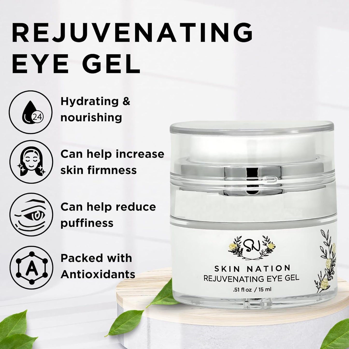 Skin Nation Rejuvenating Eye Gel, Super Hydrating with Peptides, Hyaluronic Acid and Green Tea, Lightweight Plant Based Under Eye Cream for Puffiness, Dark Circles and Smooth Skin, 0.51 oz