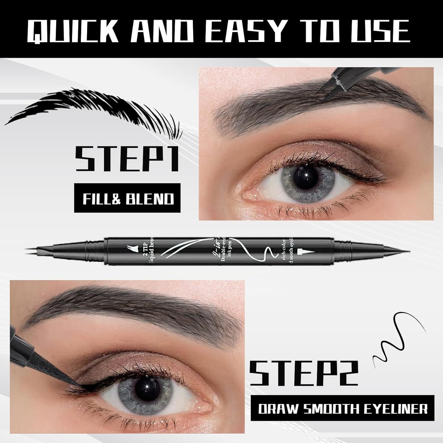 Curved 2 Tip Eyebrow Pen-Black Eyebrow Pencil With Black Eyeliner 2-in-1 Dual-Ended Create Natural Hair-Like Brows,Waterproof,Smudge Proof,Long Lasting All-Day