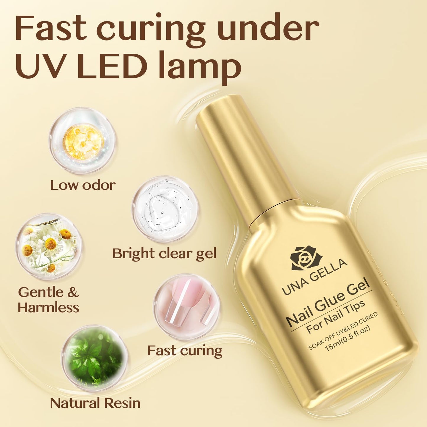 UNA GELLA 6 in 1 Gel Nail Glue for Clear Acrylic Nails Tips, 15ml UV Nail Glue Long Lasting Super Strong Brush for Base Coat, Clear Fake Nails, and Soft Gel Tips Lamp Curing Required