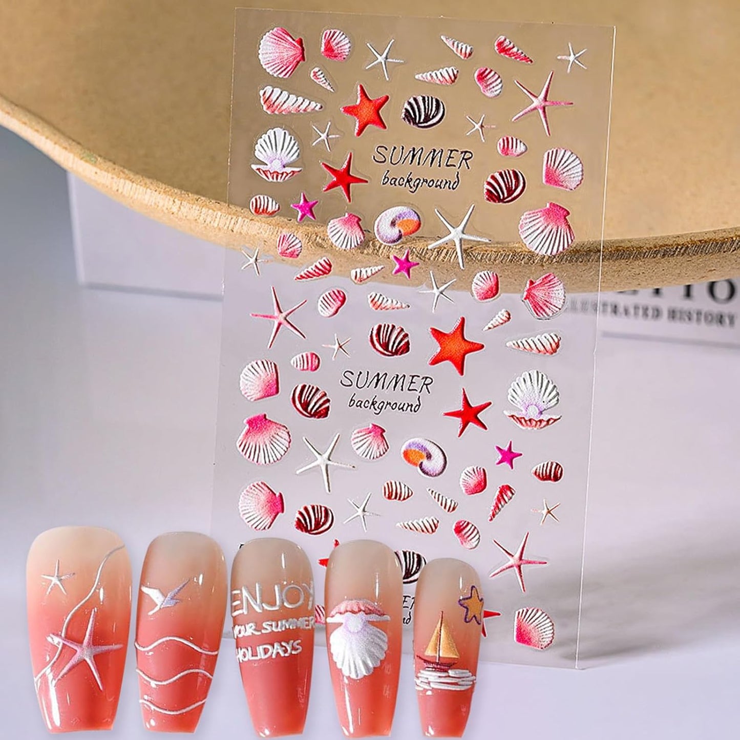4 Sheets Summer Nail Stickers for Nail Art 5D Summer Nails Decals 3D Self-Adhesive Nails Supplies Accessories Shell Jellyfish Starfish Stickers for Women Nails Decoration