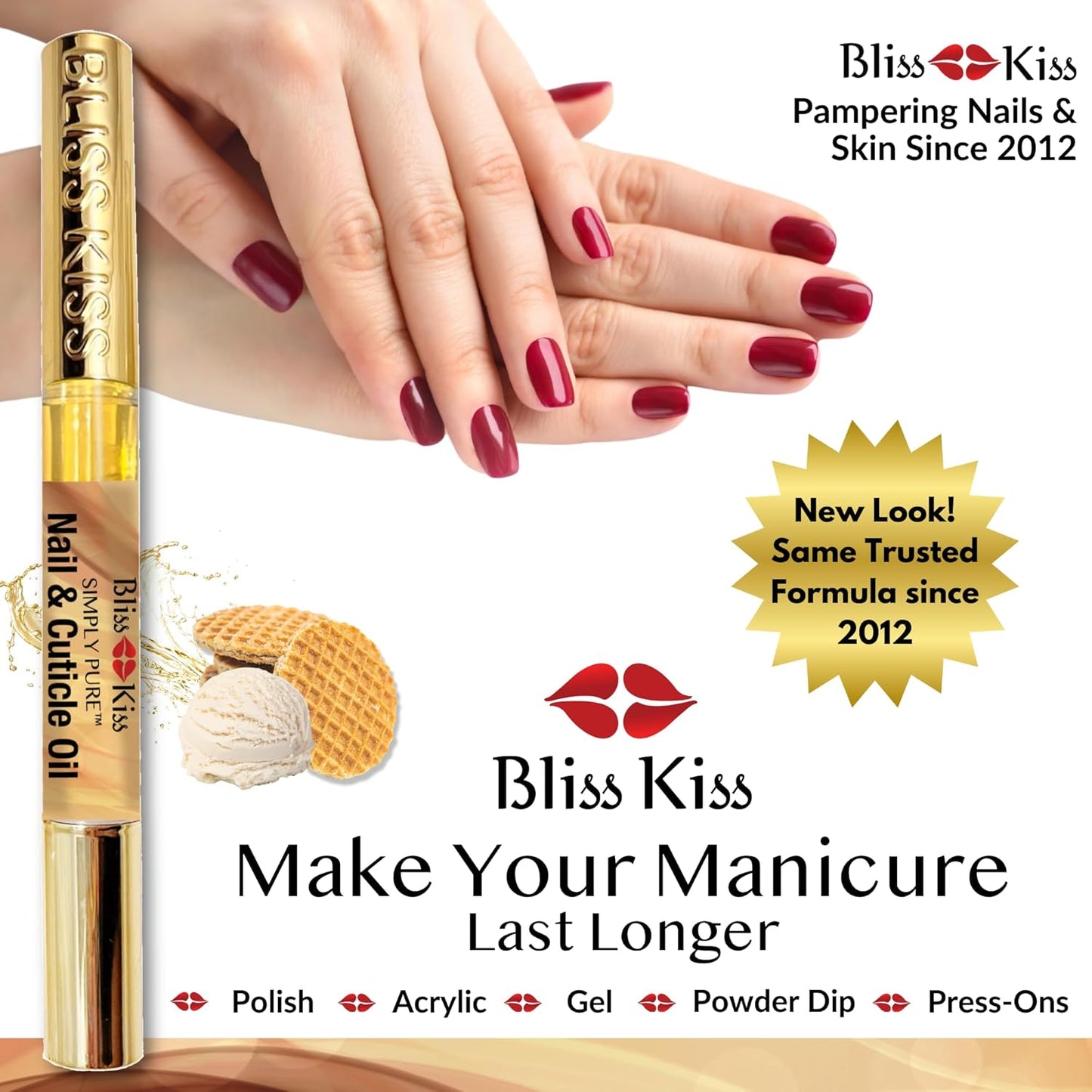 Bliss Kiss | 4 Vanilla Fragrance Nail Oil Cuticle Pens w/Vitamin E & Jojoba⏤Nail Strengthener Nail Growth Serum for Brittle Peeling Breaking Thin Nails