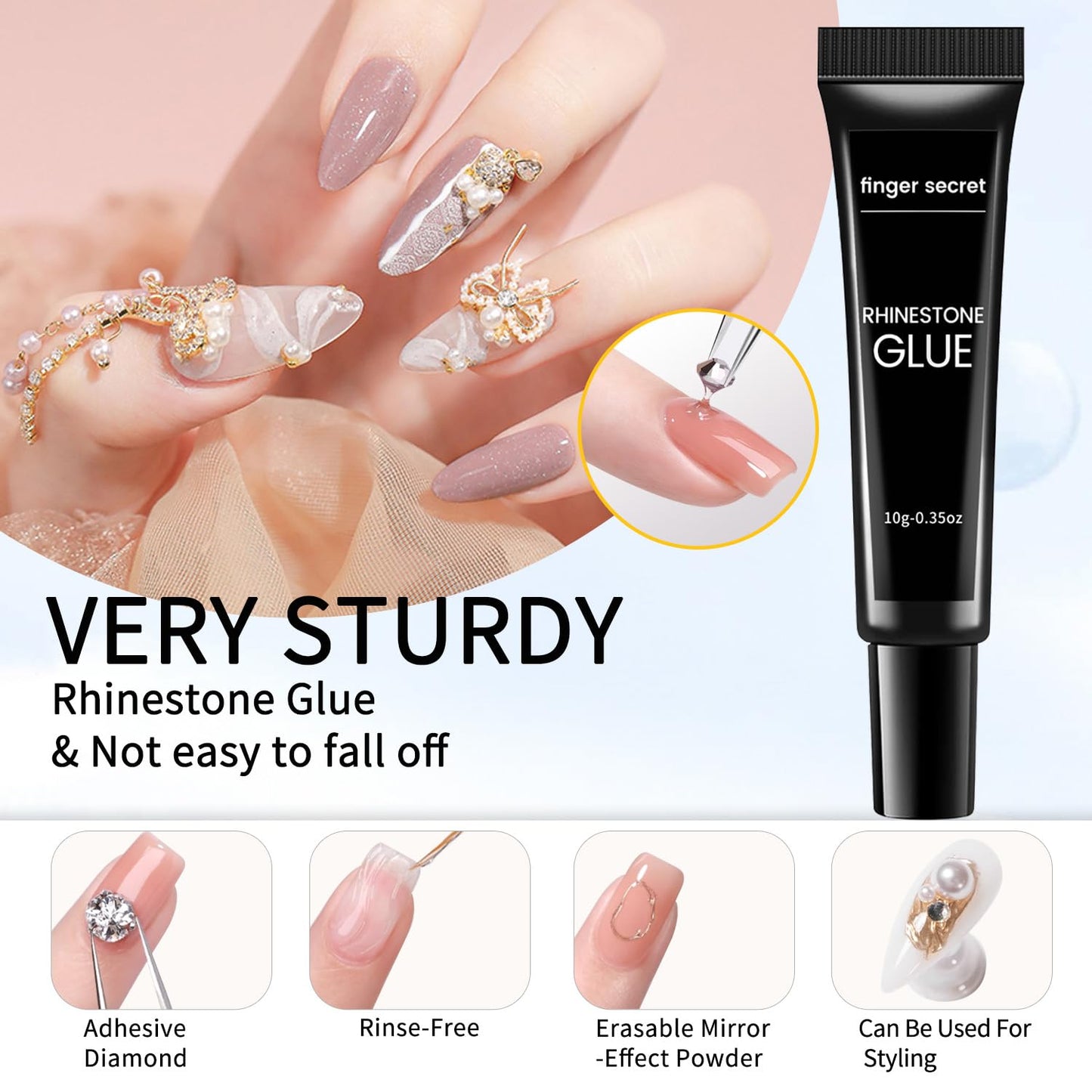 2PCS Rhinestone Glue Gel Kit- Superior Nail Art Glue Strong and Long-Lasting Bond for Nail Art Decorations, Charms, 3D Bling, Gems, Jewel Diamonds UV/LED Easy Apply with Nail Rhinestone Glue Kit
