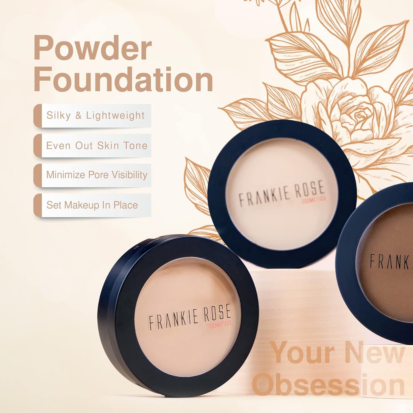 Frankie Rose Cosmetics Powder Foundation – Full Coverage Face Powder For Pores & Imperfections, Evens Out Skin Tone & Shine-Control | 58 Grams (Silk)