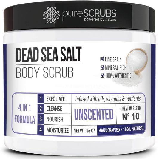 pureSCRUBS Premium Unscented Body Scrub Set - Large 16oz Dead Sea Salt Body Scrub With Infused Essential Oils & Nutrients, Includes Wooden Spoon, Loofah & Oatmeal Exfoliating Bar Soap