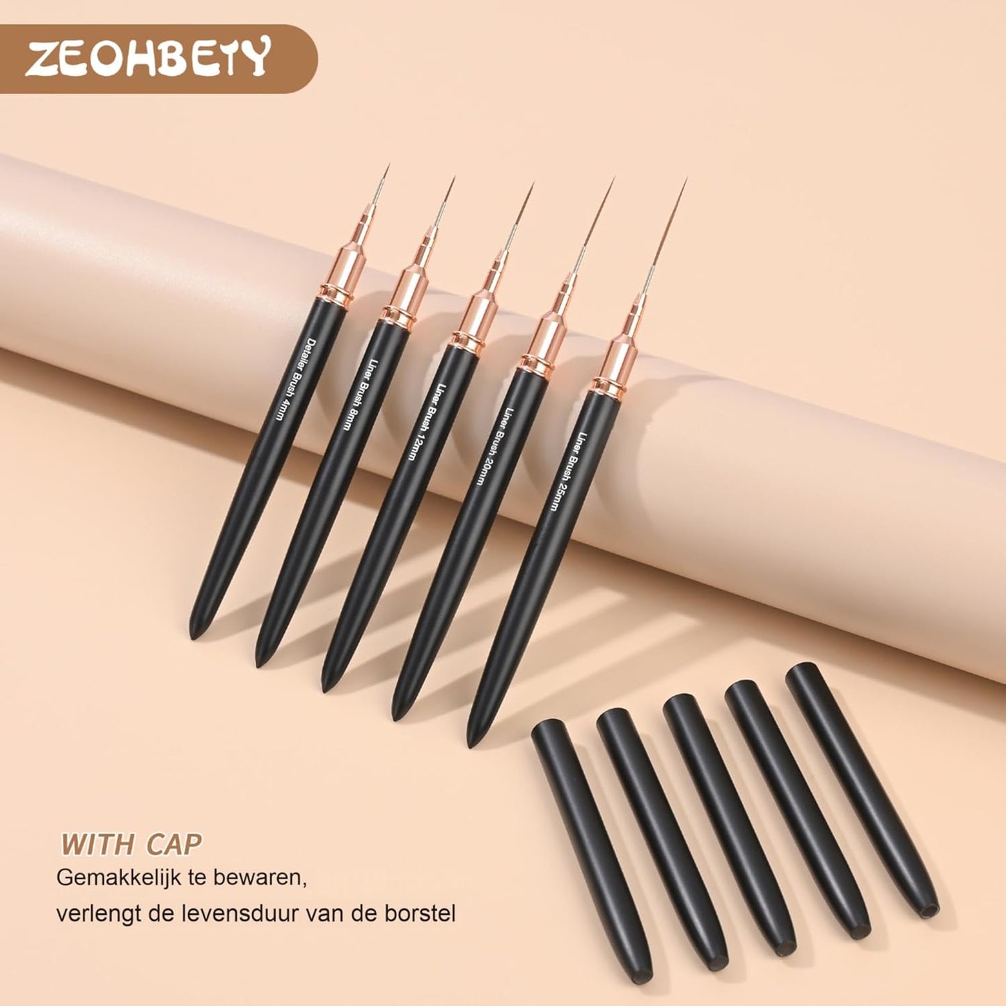 Metallic Nail Art Brushes, 5Pcs Nail Art Liner Brushes, Painting Art Design Brush Set Nail Dotting Drawing Tool for Long Lines, Thin Details, Fine Drawing Sizes 4/8/12/20/25mm, Black
