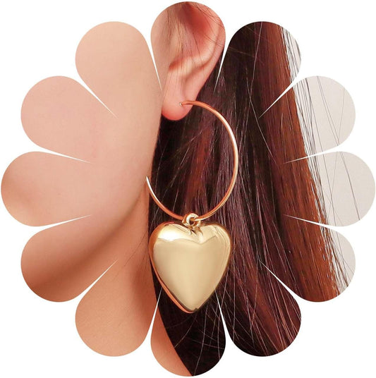 Boho Large Heart Drop Earrings Vintage Gold Love Heart Dangle Earrings Punk Statement Open Big Hoop Heart Earrings Wedding Prom 3D Heart Drop Earrings Jewelry for Women