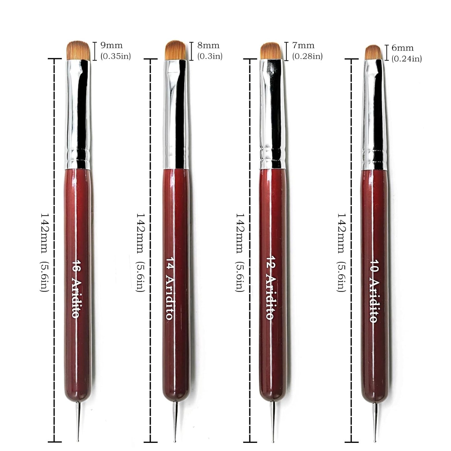 4Pcs Professional Acrylic French Manicure Clean-Up Brushes & Dotting Pens - Red Wood Handles, Precision Tips (#10#12#14#16) for Nail Art, Cuticle Care