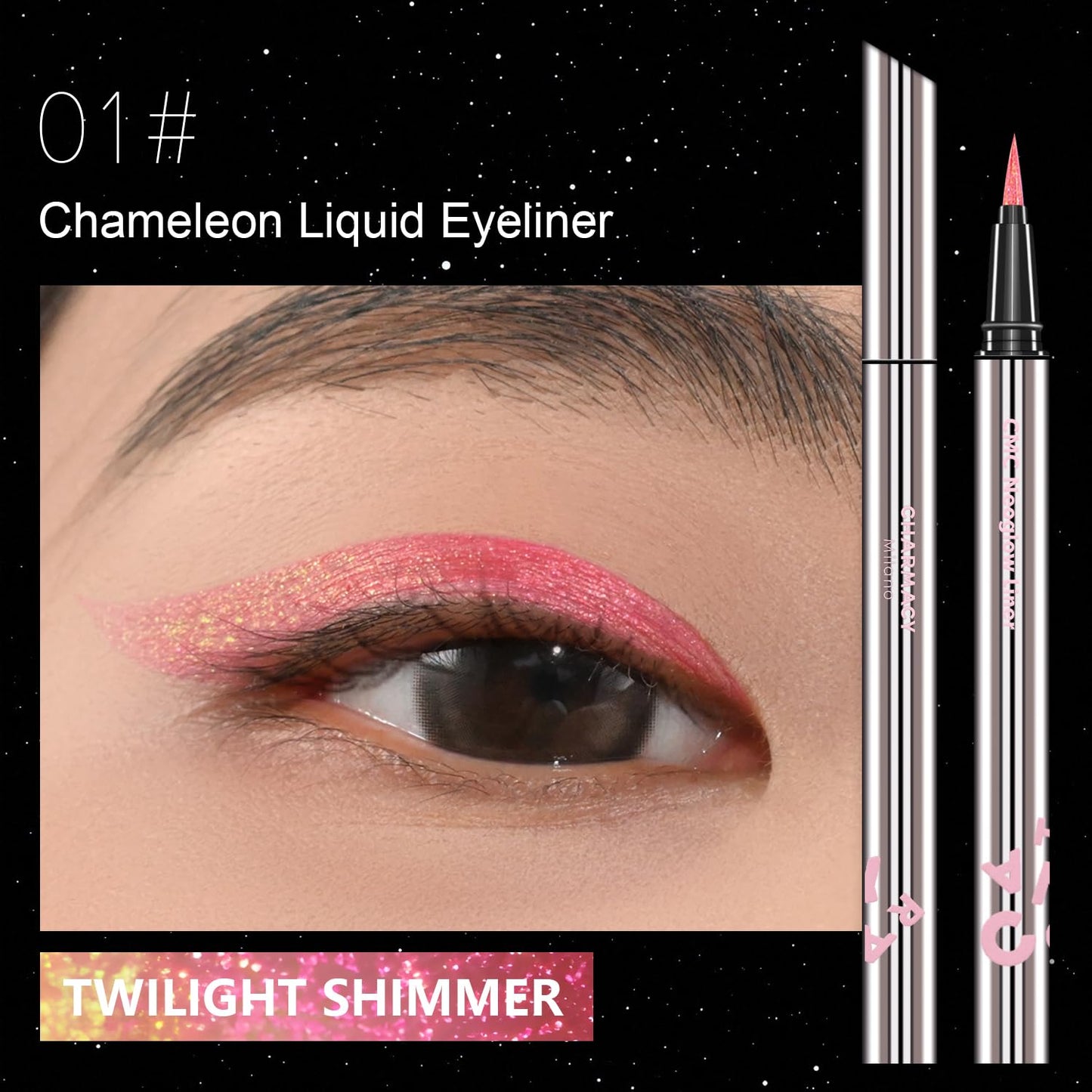 CHARMACY New Chameleon Liquid Eyeliner, Liquid Glitter Eyeliner, Highly Pigmented, Metallic MultiColor Shifting waterproof Eyeliner, Ultra-Fine Tip, Longwearing, Smudge-proof (A01 Blush Aurora)